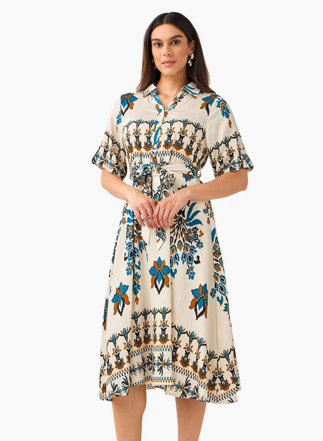 سبلاش فيڤ Belted Midi Shirt Dress with Printed Design